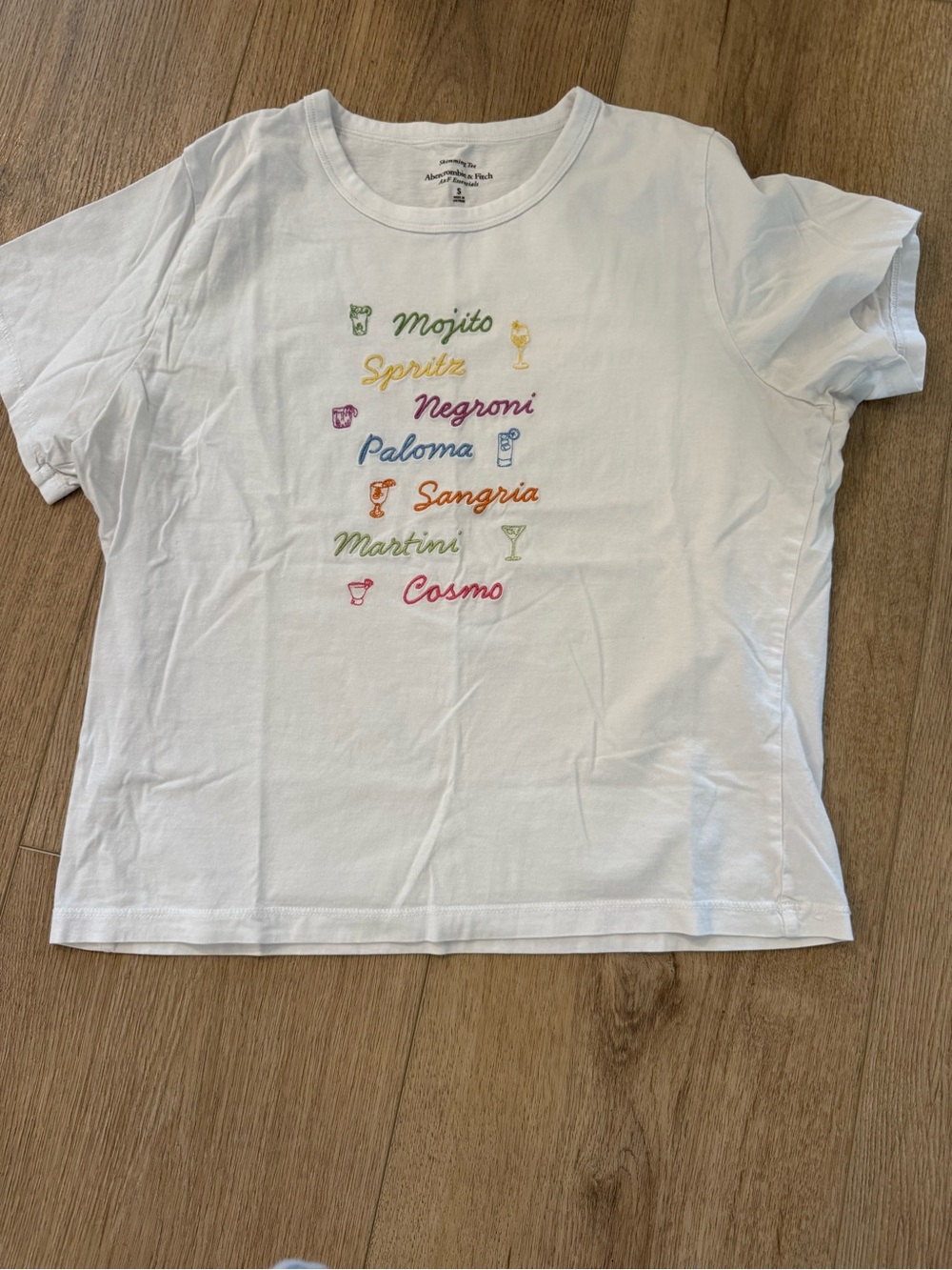 Abercrombie & Fitch White Tee with Multicolor Cocktail Embroidery